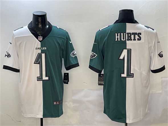 Men's Philadelphia Eagles #1 Jalen Hurts White & Green Split Vapor Untouchable Limited Stitched Jersey Dzhi,We sell and wholesale Men's Philadelphia Eagles #1 Jalen Hurts White & Green Split Vapor Untouchable Limited Stitched Jersey Dzhi on line form chian!